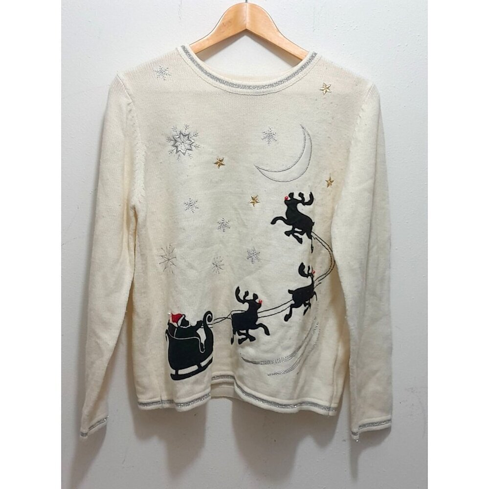 Vintage Womens 3D Santa And Reindeer Holiday Christmas Sweater Ivory Size L